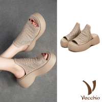 【Vecchio】真皮拖鞋 坡跟拖鞋/全真皮頭層牛皮透氣沖孔深口厚底坡跟拖鞋(米)