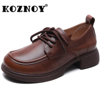 Koznoy 3.5cm Vintage Natural Cow Genuine Leather Breathable Walking Native Flats Shoes Ethnic Round Toe Work Comfy Loafer Women