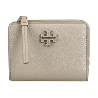 【TORY BURCH】TORY BURCH Mcgraw皮革雙T字LOGO荔枝紋小牛皮內外撞色設計6卡壓釦式拉鍊零錢短夾(黏土灰)