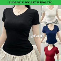 ageaeu12 BARE_Áo Thun Trơn Nữ Cổ Tim, Áo Thun Tay Ngắn Vải Thun Gân Tăm Form Ôm Babytee_A454 Women T