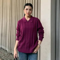 GONEGANI OFFICIAL - Sweater Wanita Berkerah Bahan Knit Polo Cable Sweater Magenta