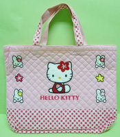 【震撼精品百貨】Hello Kitty 凱蒂貓 手提袋補習袋 粉白格兔子小花  震撼日式精品百貨