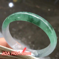 Woman Temperament A Grade Icy Species Jade Bangle Flat Bar Real Rare Floating Green Flowers Bracelet Emerald Hand-Ring Jewelry