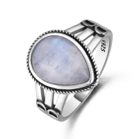 Water Drop Shaped Natural Moonstone Ring 925 Sterling Silver Ring for Women Wedding Fine Jewelry Party Birthday Gift