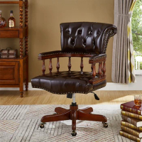 American luxury swivel chair European classical office chair retro boss chair full solid wood chair household leather chair