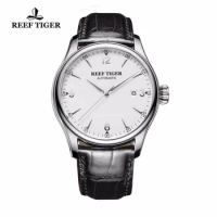 Reef Tiger/RT Business Mechanical Watches Sapphire Crystal 316L Steel Genuine Leather Strap Watch Leather Band RGA823G