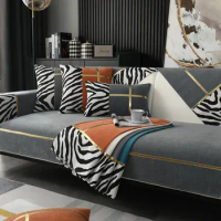 Luxury Velvet Sofa Cover 3 Seat Thick Slipcover Zebra Pattern Plush Soft Furniture Protector Armrest Cover Sofa Cushion L Shape