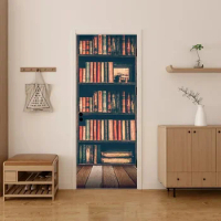 Vintage Bookshelf Door Stickers Library Bookcase Home Bedroom Wallpaper Decal Removable Waterproof Self Adhesive Poster Mural