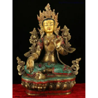 Tibetan Buddha Bronze Gilt Inlay Turquoise Gem Green Tara Kwan-yin Buddha Statue