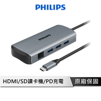 【享4%點數回饋】PHILIPS 8合1轉接器/擴充器/讀卡機 HUB Type-C轉HDMI USB延長線 PD快充 DLK5530C