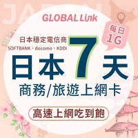 GLOBAL LINK 全球通 日本7天上網卡 7日7GB 過量降速吃到飽 4G網速(日本穩定電信商 即插即用)