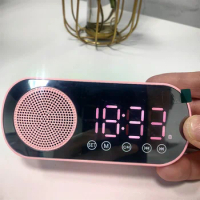 Mini Mirror Digital Alarm Clock Timer Rechargable Wireless Clock 2 Alarms FM Radio Wireless Speaker Subwoofer Desktop LED Clock