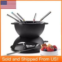 5-Cup Cast Iron Fondue Set - Chocolate, Cheese Fondue Pot with 6 Colored Forks, Fondue Party, 4-6 Person, Black