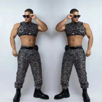 Muscular Man Sexy Nightclub Bar Disco Dance Costume DJ Dancer Singer Party Performance Stage Wear Sequins Vest Pants Rave Outfit