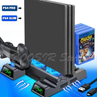 Vertical Cooling Stand For Sony Playstation 4 Slim PS4 Pro Console With 2 Dualshock 4 Controller Charge Station 12 Games Bracket