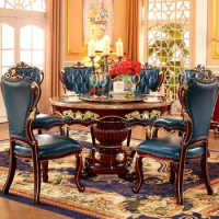 European dining table solid wood rotary round table neoclassical ebony marble American dining table chair combination