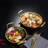 Multi Size Round Stainless Steel Korean Seafood Plate with Handle Gold Silver Mini Pot for Heating Gas Induction Cooker