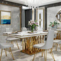 Italian titanium stainless steel dining table marble slate gold plated light luxury hotel dining table furniture