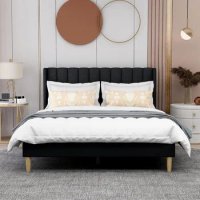 Queen Size Bed Frame with Headboard and Footboard, Black Linen Bed Frame