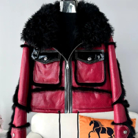 Whole skin rabbit fur integrated coat for women's short 2023 autumn/winter new Haining wool collar motorcycle fur coat