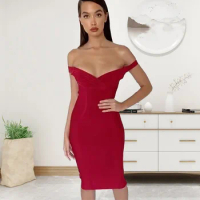 HQBORY 2024 Women red mid length bandage dress Sexy off-shoulder strapless Bodycon Bandage Dress party bodycon