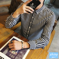 【Y213】shiny藍格子-熟男時尚．秋季男條紋長袖襯衫上衣