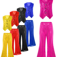 Kids Boys Girls Jazz Latin Chacha Dance Disco Stage Performance Outfit Teens Dance Set Sequined Vest Waistcoat with Flared Pants