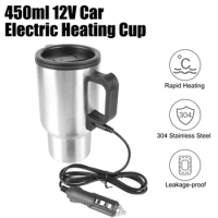 12V 450ml Electric Heating Car Kettle Water Coffee Milk Thermal Mug Camping Travel Kettle Stainless Steel Vehicle Heating Cup