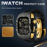 For Apple Watch case 45mm 44mm Luxury Gilding Carbon Fiber Mod Kit for iWatch Accessories 9 8 7 6 5 4 SE Fluororubber Strap Band
