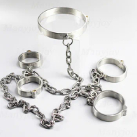 Stainless Steel Heavy Duty Handcuffs Ankle Slave Collar Cuffs Chain Shackle BDSM Bondage Leg Restraints Sex Toys for Couples