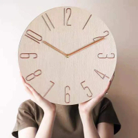 12吋 北歐粉木紋立體 凸字 掛鐘 簡約掛鐘 客廳靜音木製時鐘 30cm x 30cm 電子鐘#YH26_01073