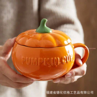 Pumpkin Cup Creative Personality Water Cup Ceramic with Lid Spoon Breakfast Oatmeal Mug Milk Cup