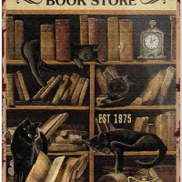 Reading Decorations Party Vintage Book Decorations for Living Room Book &amp; Black Cat Book Store It's Book O'Clock Poster,Metal