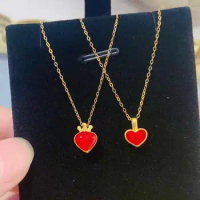Pure 999 24K Yellow Gold Pendant 3D Gold Red Heart Necklace Pendant