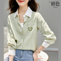 預購 初色 拼接刺繡POLO領條紋襯衫上衣女上衣-綠色-66907(M-2XL可選)