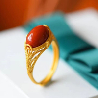 【墜享】S925純銀戒指女天然南紅瑪瑙個性鏤空花紋可調節女士指環