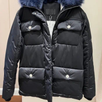 2023 autumn/winter new black fur collar zipper multi pocket eider down coat woman jacket