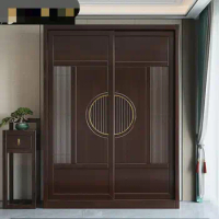 Solid wood wardrobe, Chinese style atmosphere, light luxury bedroom furniture set, Zen style push-pull open door wardrobe