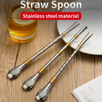Reusable Metal Filter Drinking Straw Creative Stainless Steel Coffee Tea Spoon Straw Detachable Spoons Drinking Straw Bar Tools