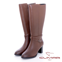 【CUMAR】交叉皮帶扣環粗跟長靴-咖啡色