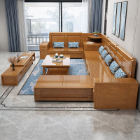 中式實木沙發組合客廳大小戶型冬夏兩用高箱儲物轉角布藝貴妃沙發