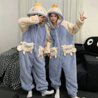 Autumn Winter Warm Cartoon Cute Couple Pajamas Thickened Fashion Loungewear Pajamas Casual Zipper Downy Hooded Onesie Pajamas