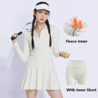 2024 Women spring Fleece Tennis Dress Ladies Full Sleeve Sport Dress Women V-neck Fitness Slim Short Skirt Badminton Yoga Skort