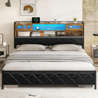 King Size Upholstered Platform Bed Frame Metal with Storage PU Leather Headboard，bedroom double bed, adult and adolescent，LED