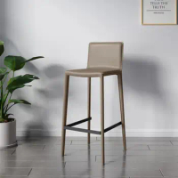 Light Luxury Bar Chair Home High Stool Italian Minimalist Saddle Leather Chair Backrest Bar Stool Modern Simple Bar Chair