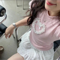 Áo Thun Nữ Cổ Tròn Phối Ren Trái Tim Coquette Dễ Thương - Top, Women