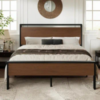 Platform Bed Frame with Wooden Headboard and Footboard,Heavy Duty 12 Metal Slats Support,No Box Spring Needed, Under Bed Storage