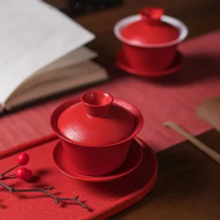 130ml Red Ceramic Gaiwan Chinese Wedding Tea Set Handmade Porcelain Teacup Home Beauty Tea Infuser Portable Tea Cup with Lid