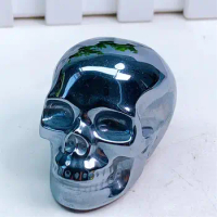 6cm Natural Terahertz Skull Crystal Hand Carved Statue Reiki Healing Mineral Stone Crafts For Halloween Decoration Gift 1pcs