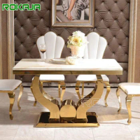 Luxury Design Marble Top Dining Table Set Gold Plated Stainless Steel Legs Dining Room Tables 6 Seaters Leather Chairs